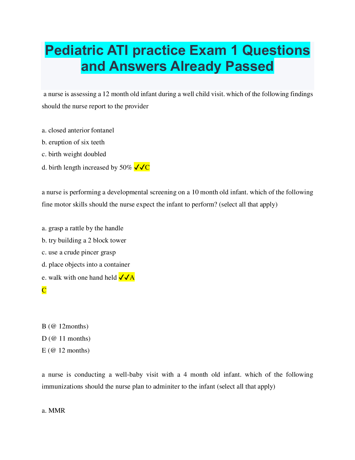 Preview of Pediatric ATI practice Exam 1 Questions and Answers Already Passed